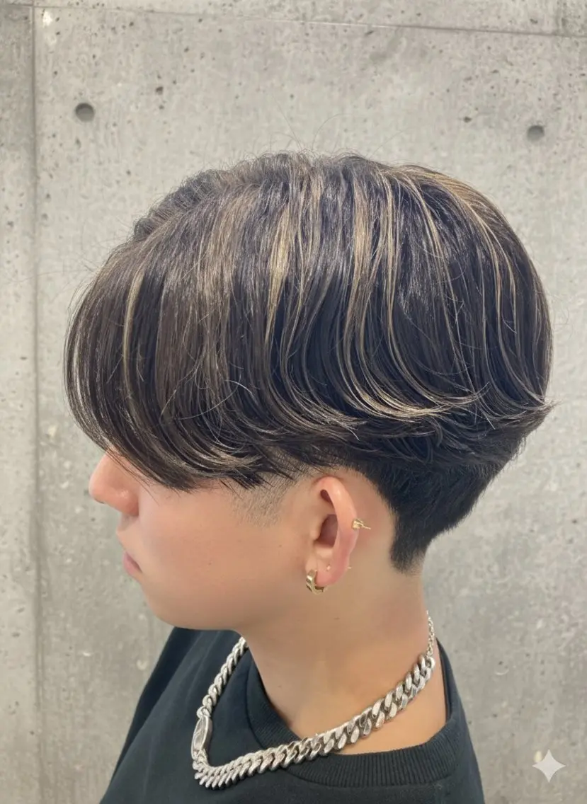 ショート カラー メンズ センターパート メンズハイライト ハイライトカラー ハイライト カット ヘアカラー メンズ特化パーマ ハイライト/比嘉のヘアスタイル