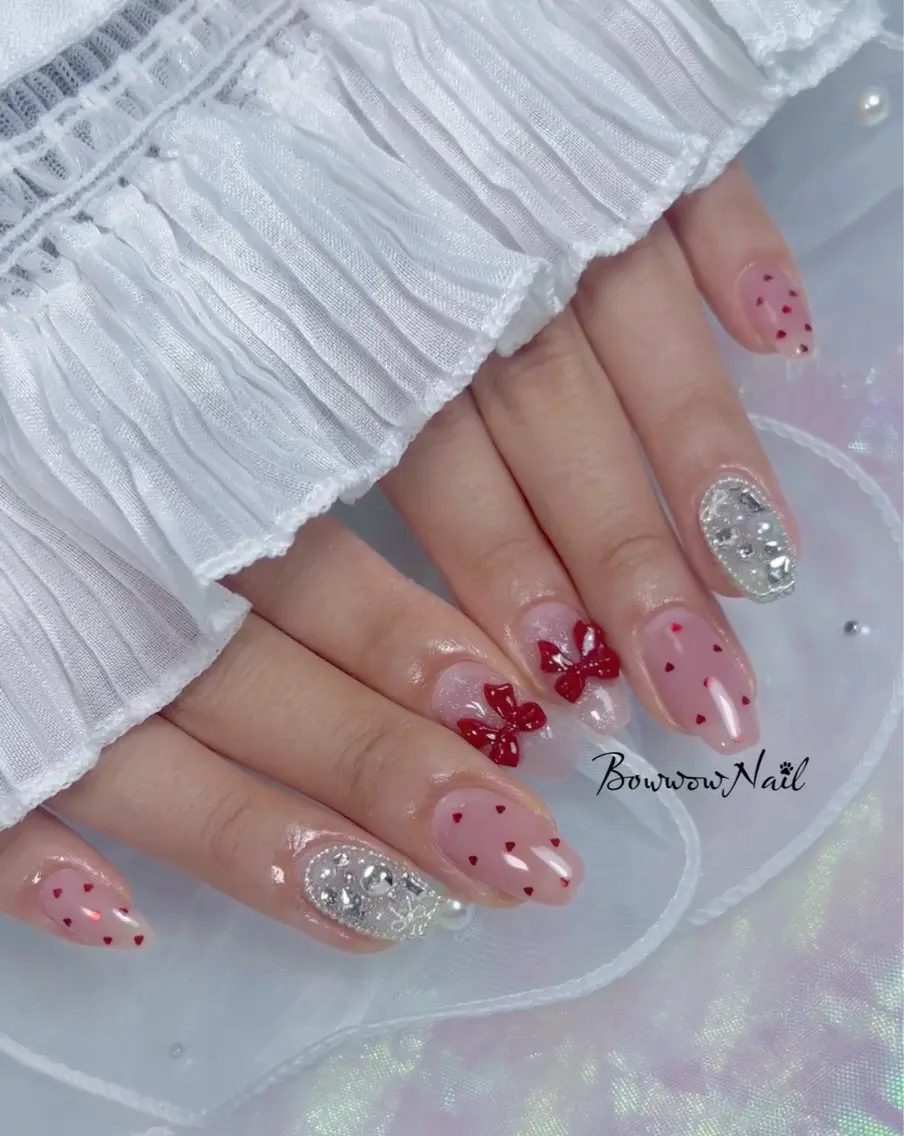 ネイル ハート 韓国ネイル ピンク リボン バレンタイン Bow wow Nail さや🧸のネイルデザイン