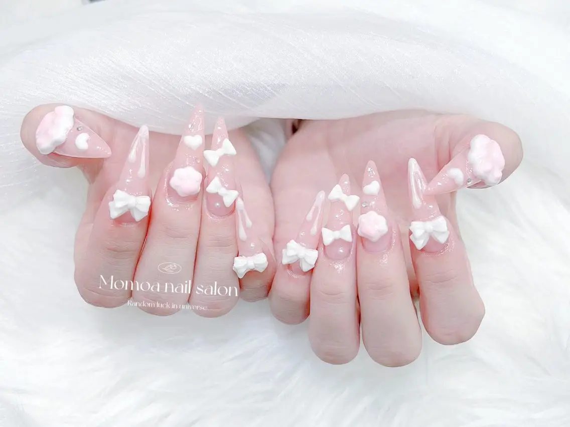 ネイル 成人式 大理石ネイル(マーブル) リボン 夏ネイル ネイルチップ ハンドネイル MoMoA Nail ネイル長さ出し専門店のネイルデザイン