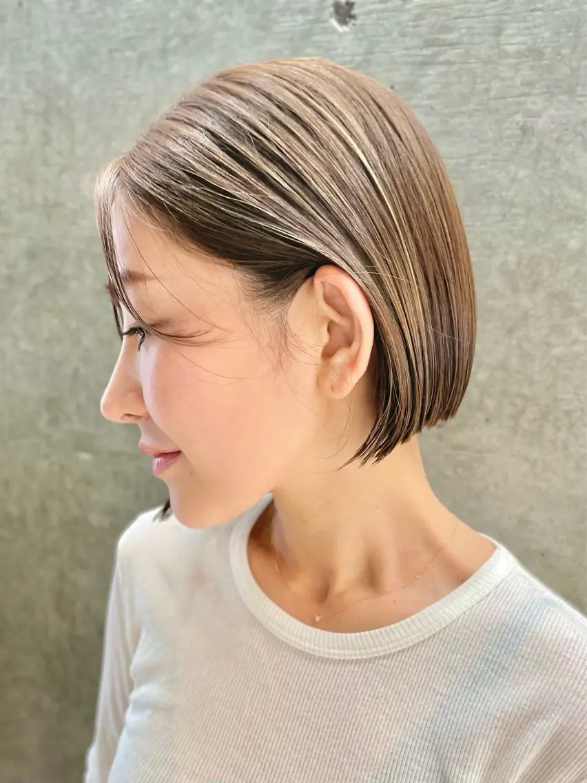 ショート アッシュ ボブ くびれヘア ハイライト レイヤーカット カット トリートメント 表参道/髪質改善/ 髪質改善カラー/遠藤のヘアスタイル