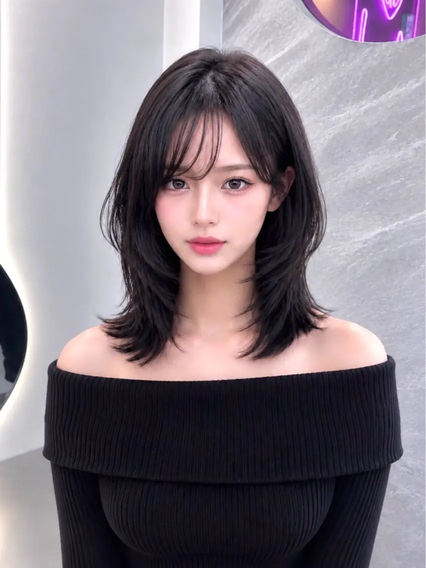 ミディアム カラー ヘアアレンジ 黒髪 ブルーカラー ブルーブラック 透明感カラー グレージュ カット ヘアカラー 🖤kana韓国ヘア 艶髪カラー特化🖤のヘアスタイル