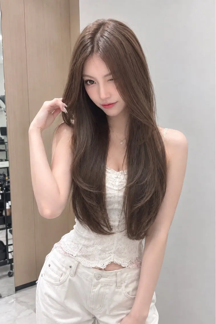 ロング カラー ロングレイヤー ベージュカラー ミルクティーベージュ レイヤーカット ロング ヘアカラー トリートメント ヘッドスパ ヘアセット 𓏸レイヤー髪質改善 透けカラーカノン🫧のヘアスタイル