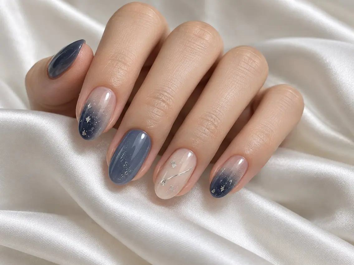 ネイル ブルー グラデーション ラメ(グリッター) ネイビー シルバー NailSalon✨ Écrinエクランのネイルデザイン