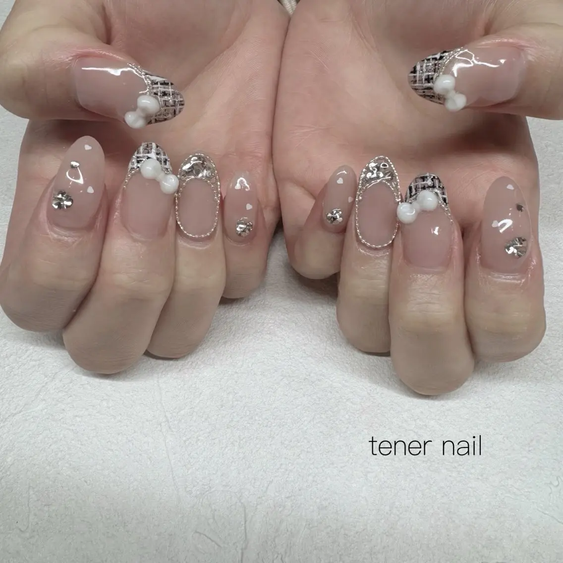 ネイル リボン ツイードネイル ハンドネイル テネルネイル tener nailのネイルデザイン
