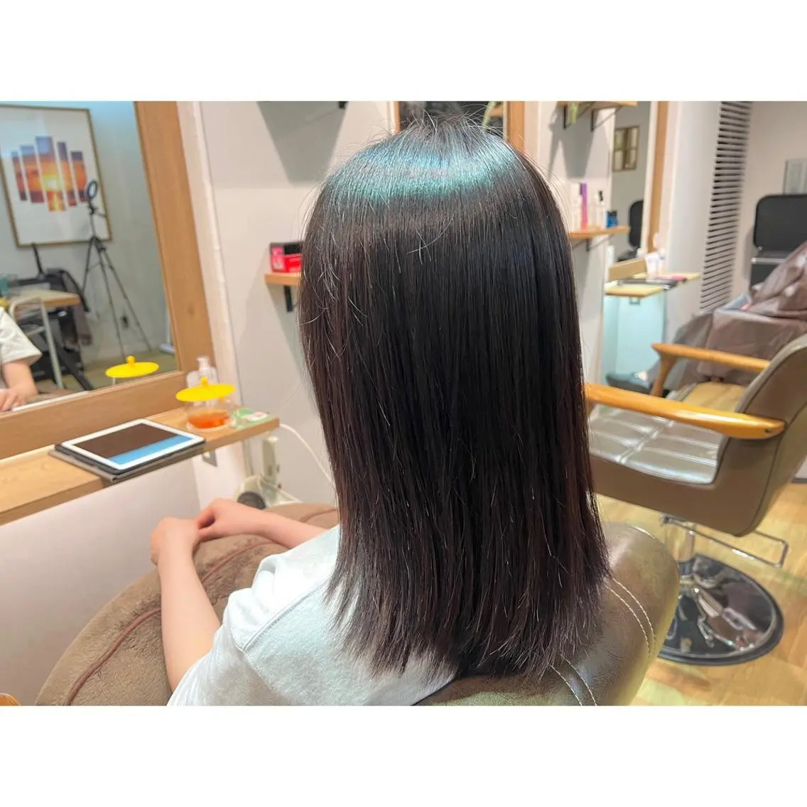セミロング カラー 黒髪 ヘアカラー トリートメント ツキダテ ユイのヘアスタイル