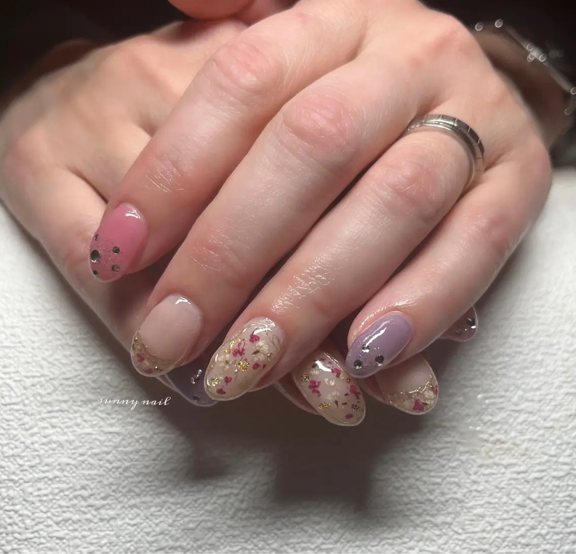 ネイル ジェルネイル ミラーネイル パラジェル 春ネイル sunny nailのネイルデザイン