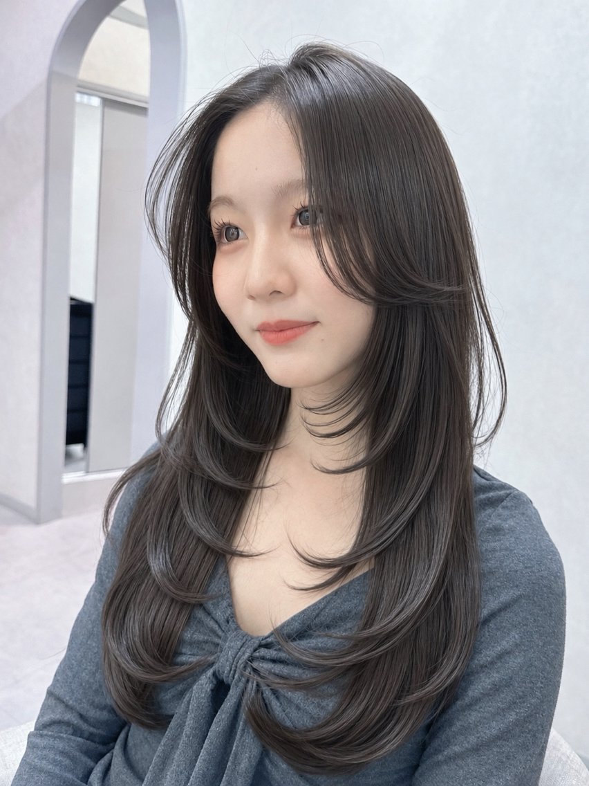 セミロング カット ヘアカラー トリートメント ヘアセット 韓国風レイヤーカラー ライムのヘアスタイル