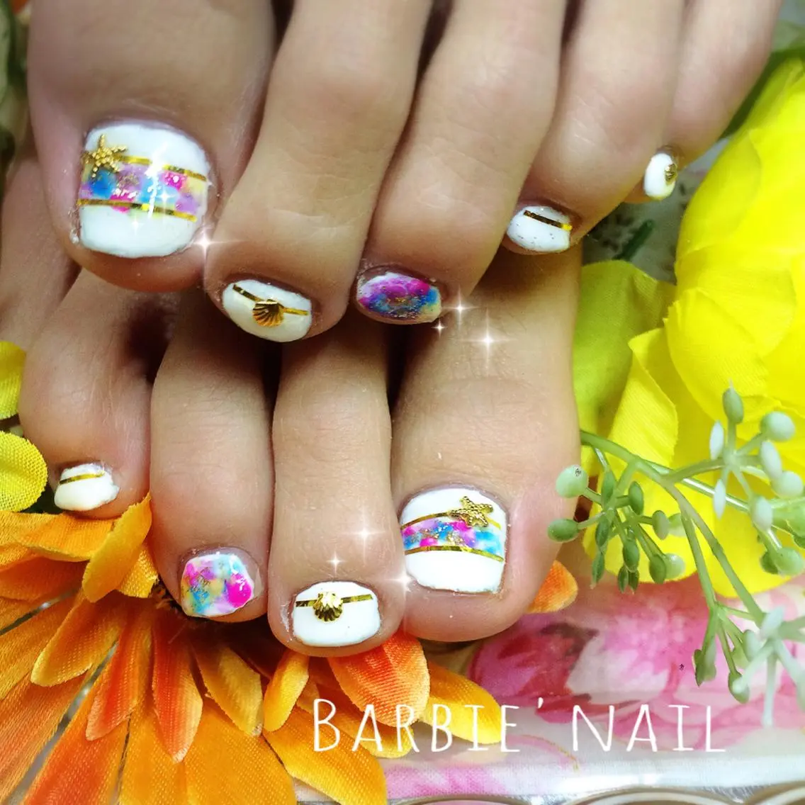 ネイル ブルー フットネイル オレンジ ピンク パープル 27salon yuinaのネイルデザイン