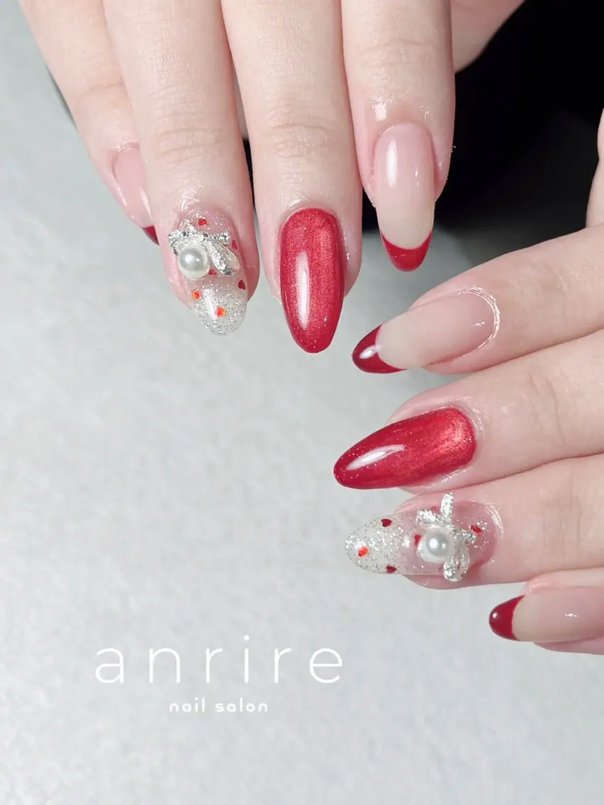 ネイル アートネイル ボルドー ドット フラッシュネイル フレンチネイル nailsalon anrireのネイルデザイン