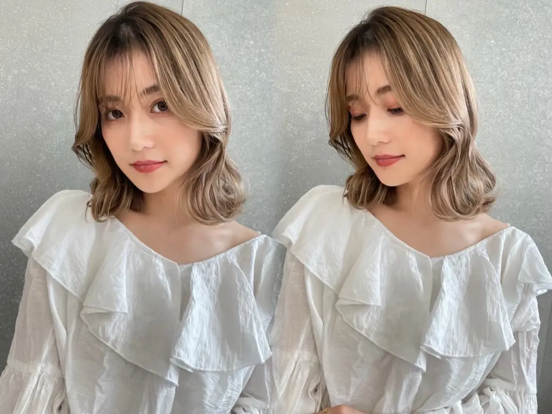 ミディアム カラー ハイトーンカラー くびれヘア カット ヘアカラー トリートメント レイヤー🤍 ベージュ🤍 聖奈のヘアスタイル