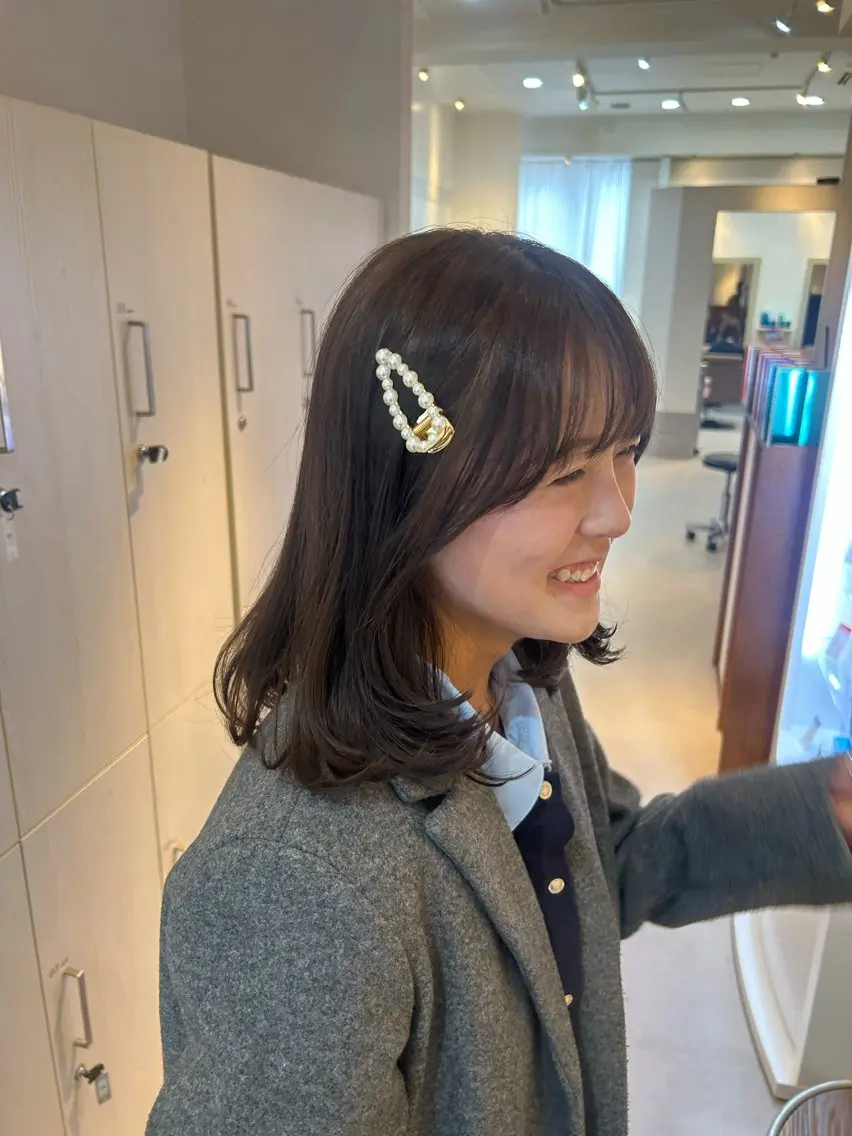 ミディアム カラー レイヤーカット カット ヘアカラー トリートメント お顔周り/オリーブ/ Wカラー/mei大名のヘアスタイル