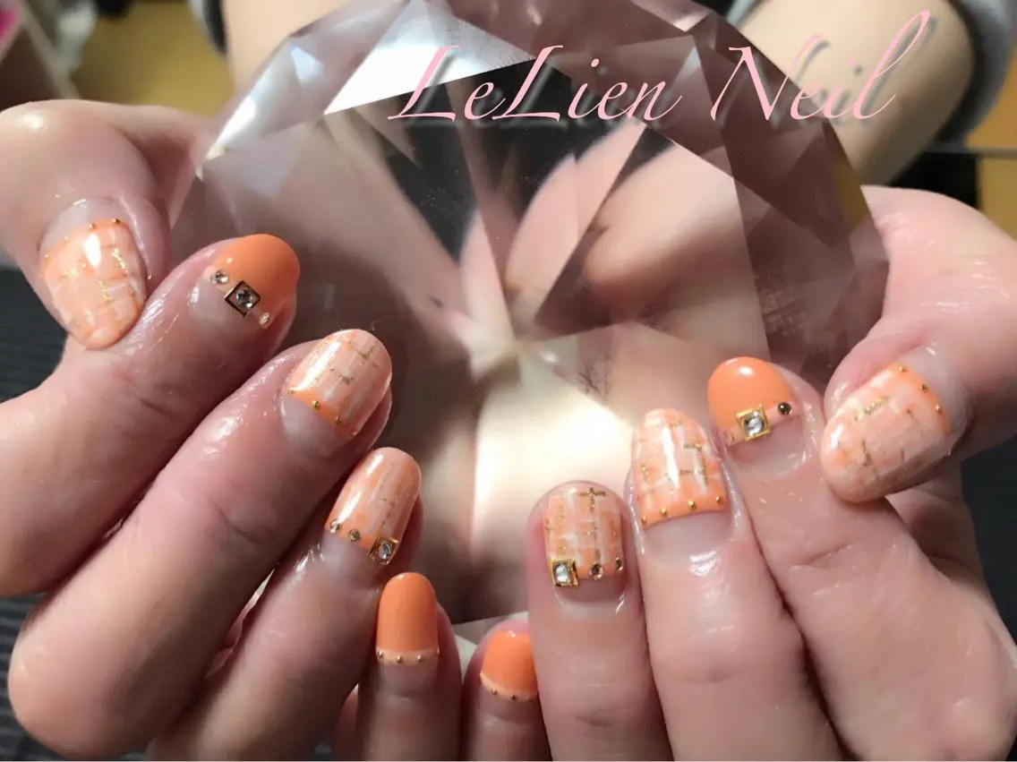 ネイル オレンジ ツイードネイル モチの良さ◉ フィルインネイル♡のネイルデザイン