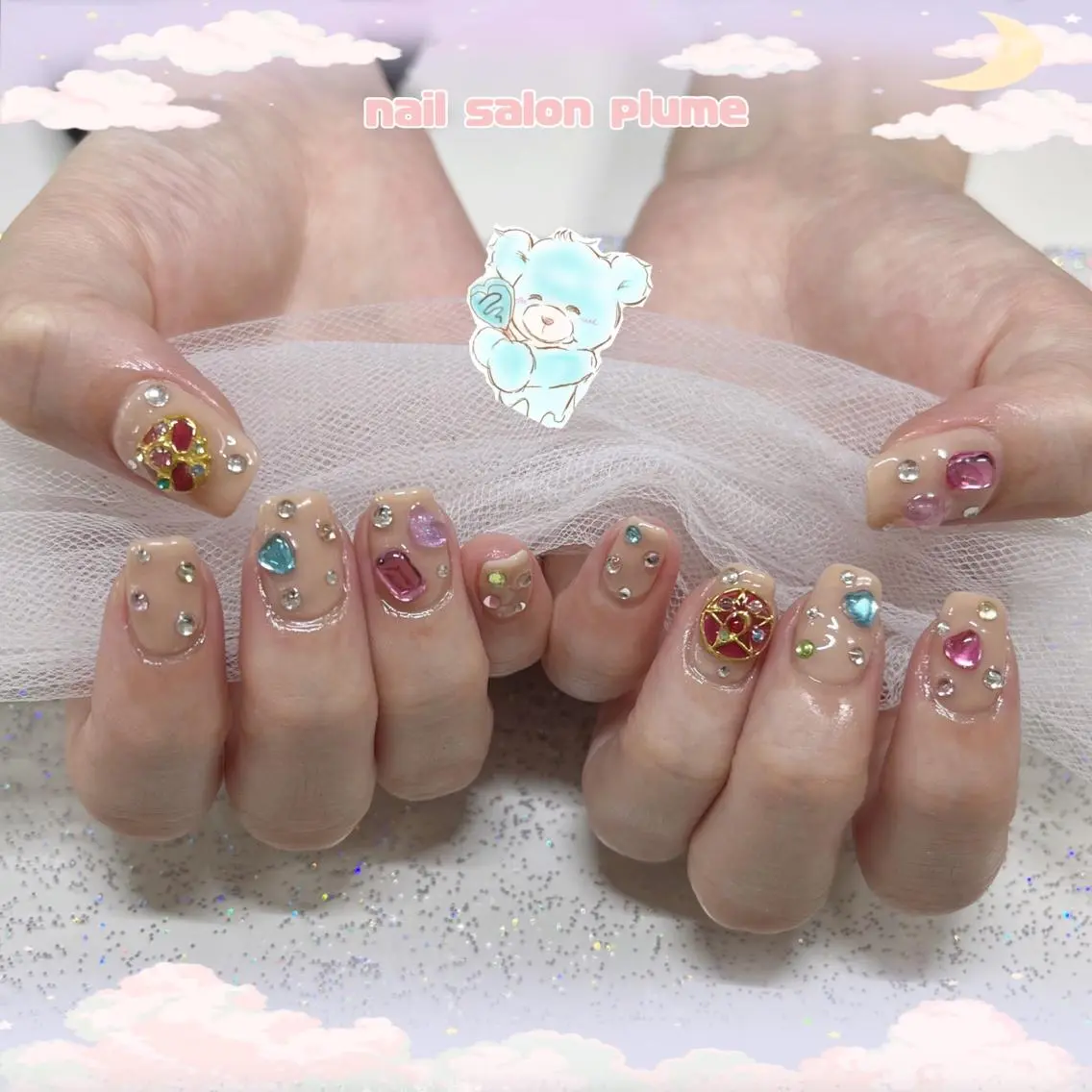 ネイル オーロラネイル ハート キラキラネイル 韓国ネイル ストーンネイル ハンドネイル plume nail ☆韓国ネイルのネイルデザイン