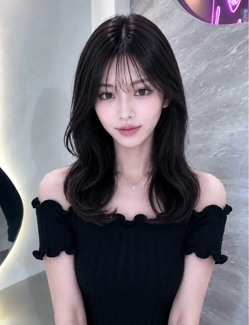 セミロング カラー ヘアアレンジ 黒髪 ブルーカラー ブルーブラック 透明感カラー グレージュ 🖤kana韓国ヘア 艶髪カラー特化🖤のヘアスタイル