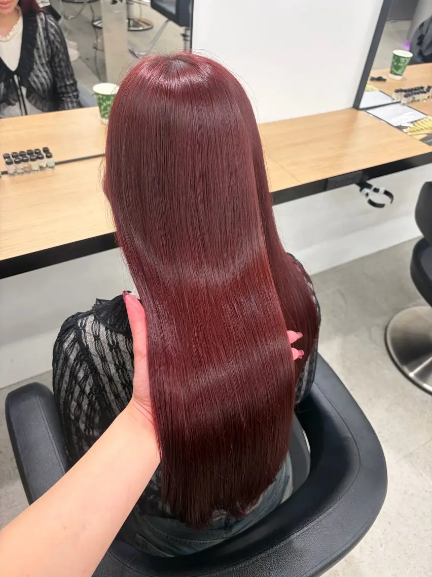 ロング カラー ブリーチ 髪質改善 トリートメント カット ヘアカラー 💗愛され暖色💗 ピンク/レッド💗のヘアスタイル