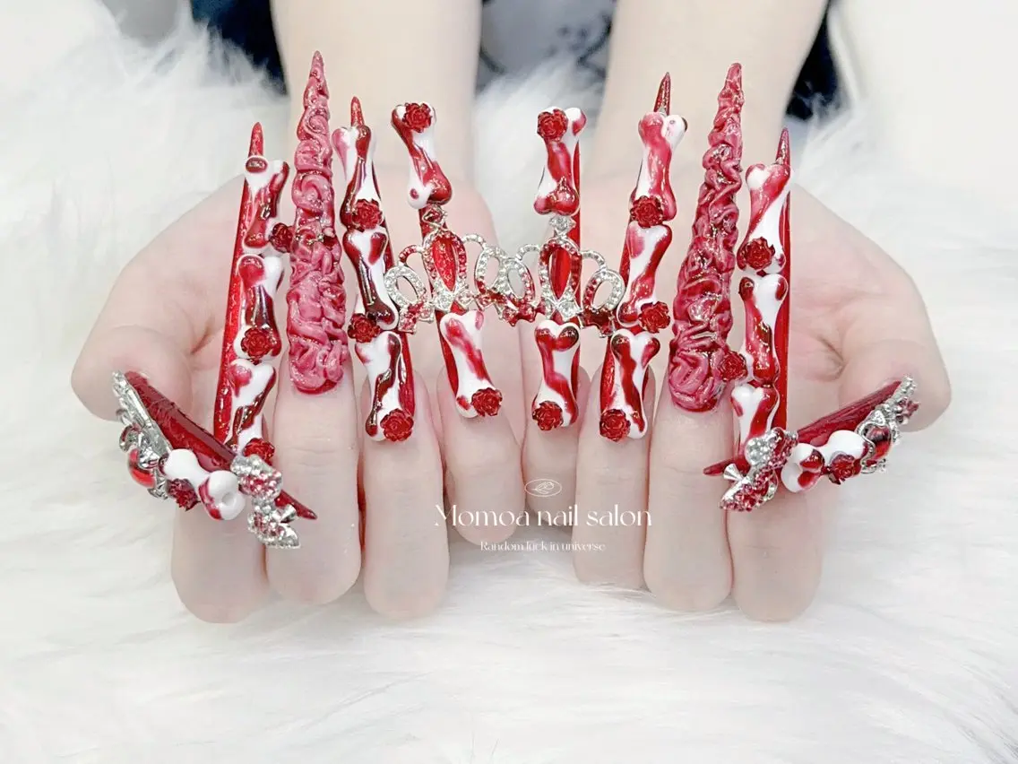 ネイル 成人式 大理石ネイル(マーブル) リボン 夏ネイル ネイルチップ ハンドネイル MoMoA Nail ネイル長さ出し専門店のネイルデザイン