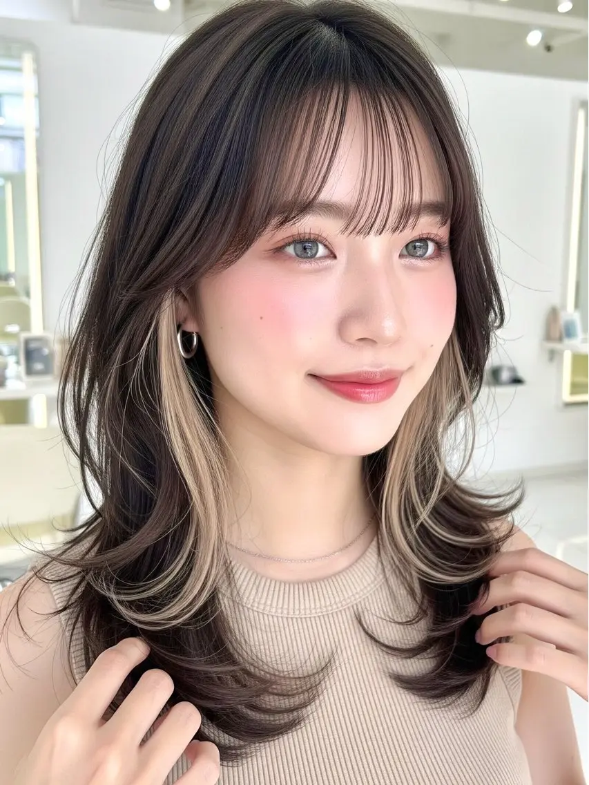 セミロング カラー ベージュカラー イヤリングカラー インナーカラー ホワイトベージュ 韓国風ヘア カット ヘアカラー トリートメント インナーカラー/レイ ヤーカット♡/マキシのヘアスタイル