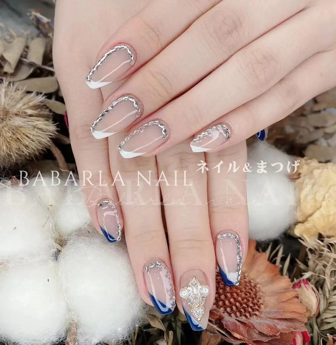 ネイル ブルー フレンチネイル ジェルネイル ピンク ピンクベージュ Babarla Nailのネイルデザイン