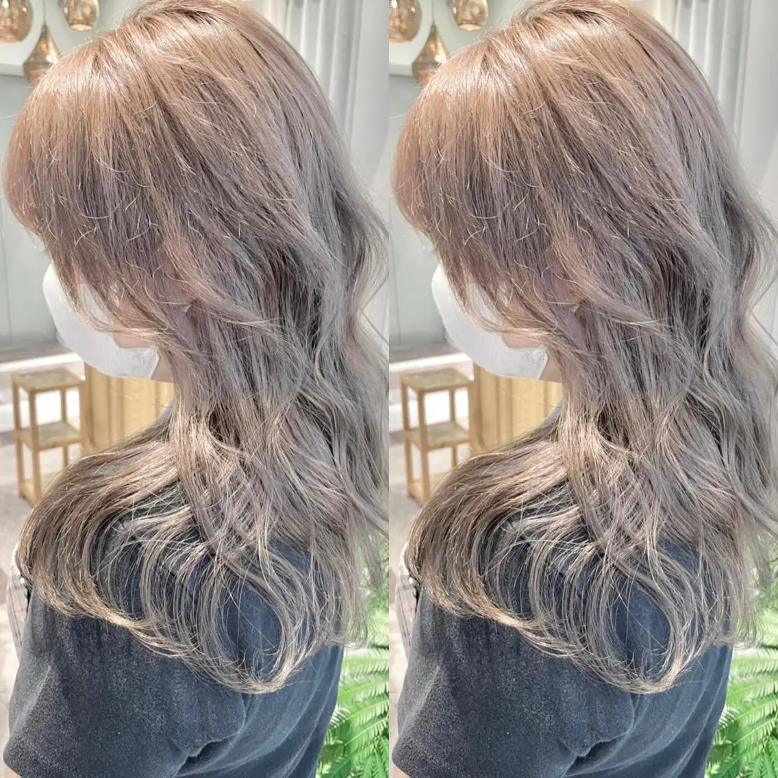 ロング ボブ ハイライト 髪質改善 ヘアカラー トリートメント 栄ハイトーン/ ベージュカラー中園薪のヘアスタイル