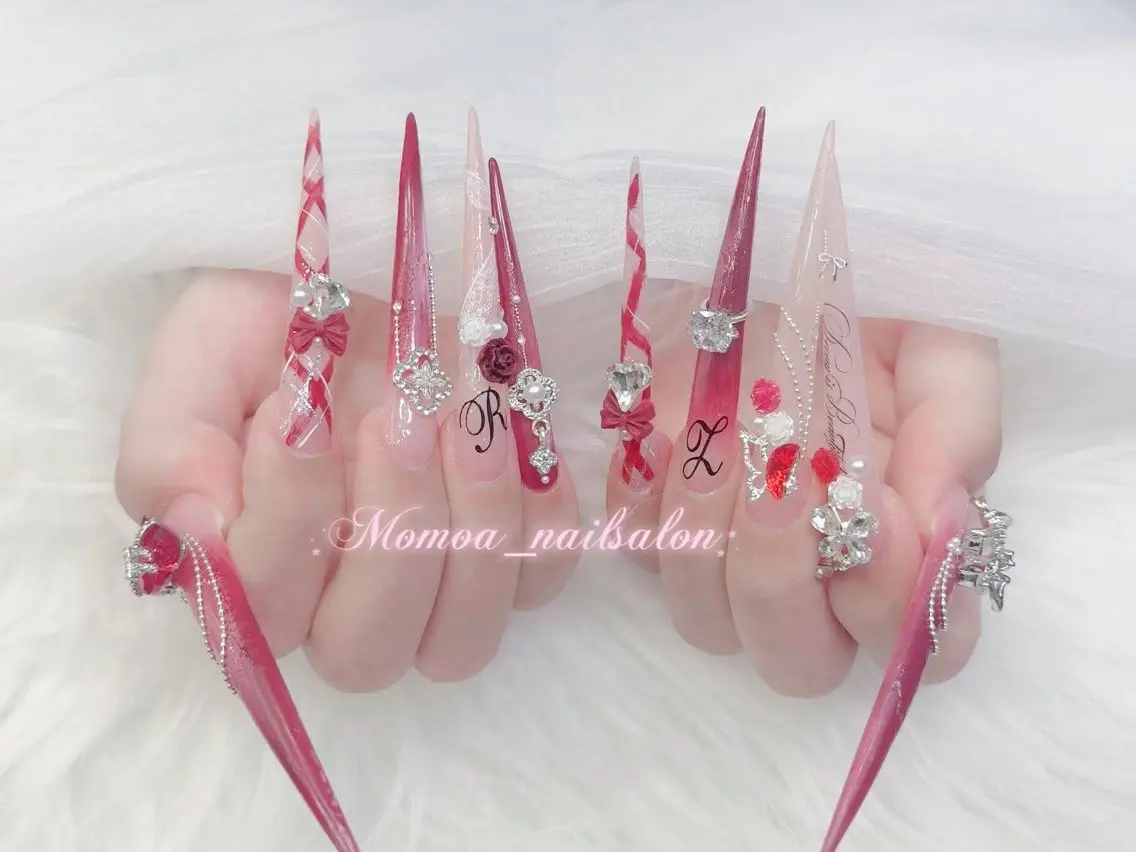 ネイル 成人式 大理石ネイル(マーブル) リボン ネイルチップ 冬ネイル ハンドネイル MoMoA Nail ネイル長さ出し専門店のネイルデザイン