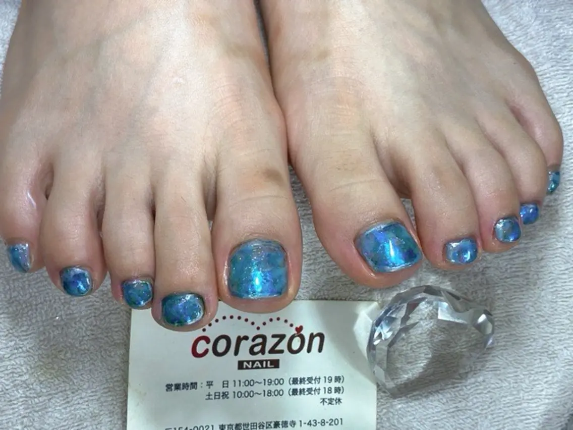 ネイル アートネイル ブルー フットネイル キラキラネイル ネイリスト aicoのネイルデザイン