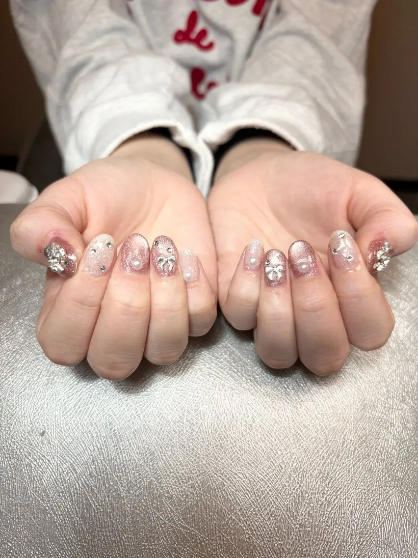 ネイル ピンク リボン ショートネイル ハンドネイル ✨韓国✨nail salonLumieのネイルデザイン