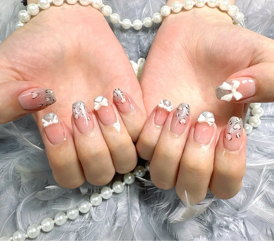 ネイル チークネイル グラデーション ハート マグネットネイル リボン ハンドネイル Pretty Nail Salonのネイルデザイン