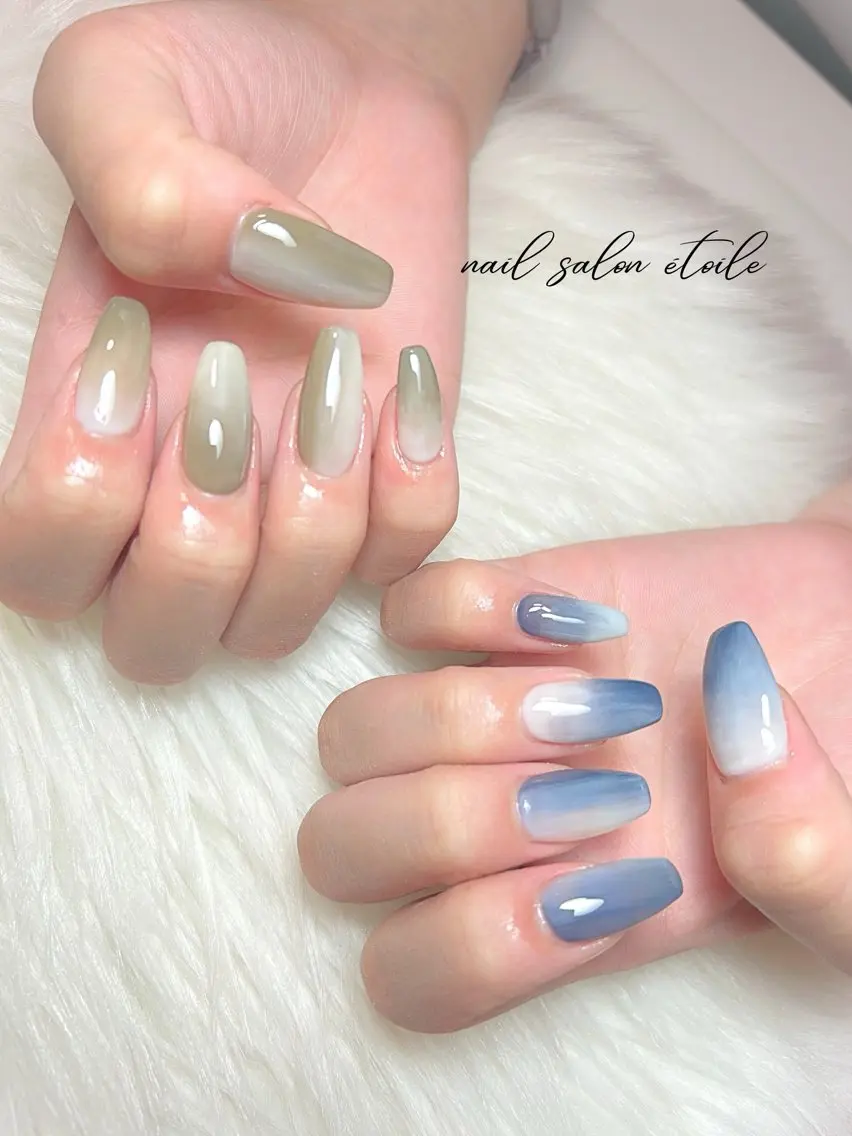 ネイル ブルー グリーン ロングネイル ニュアンスネイル ハンドネイル nail salon étoileのネイルデザイン