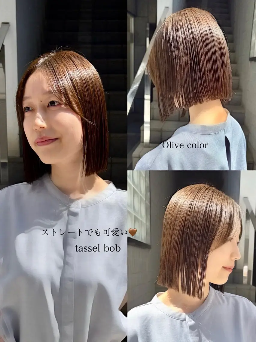 ミディアム カラー 切りっぱなしボブ ショートボブ ハイライトカラー ボブ くびれヘア カット ヘアカラー トリートメント ショート/ボブ/ 透明感カラー/ほのかのヘアスタイル