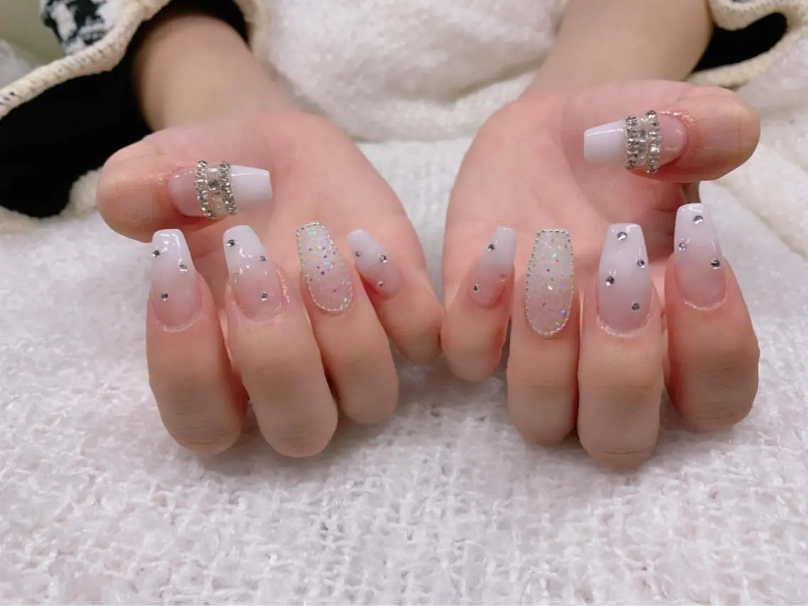 ネイル 長さ出し グラデーション 韓国ネイル スカルプネイル ホワイト *･*MIMnail 1号店･*:･*のネイルデザイン