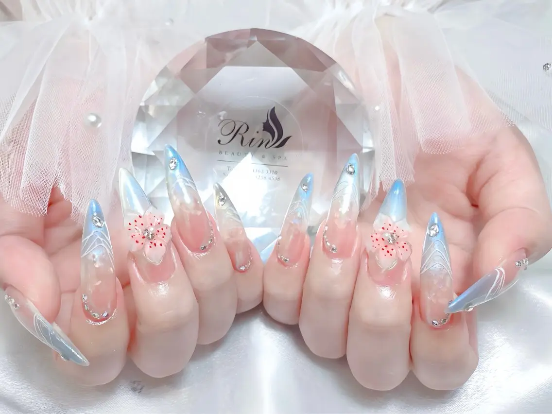 ネイル ブルー ジェルネイル ガーリー グラデーション グリーン ハンドネイル Rin Nail 新大久保店のネイルデザイン