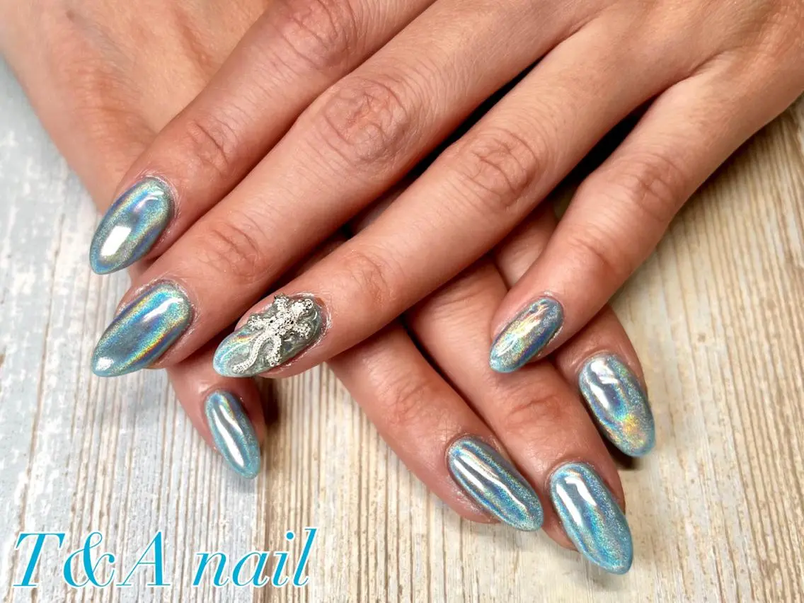 ミディアム ネイル ブルー 長さ出し ジェルネイル ワンカラーネイル スカルプネイル T&A nailのネイルデザイン