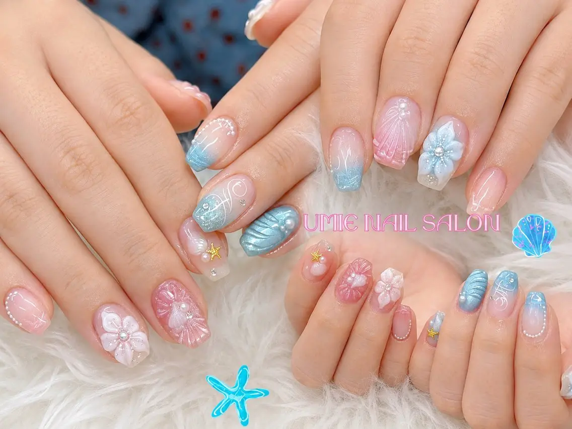 ネイル フットネイル フレンチネイル ジェルネイル ガラスフレンチ マグネットネイル UMIE NAIL SALONのネイルデザイン