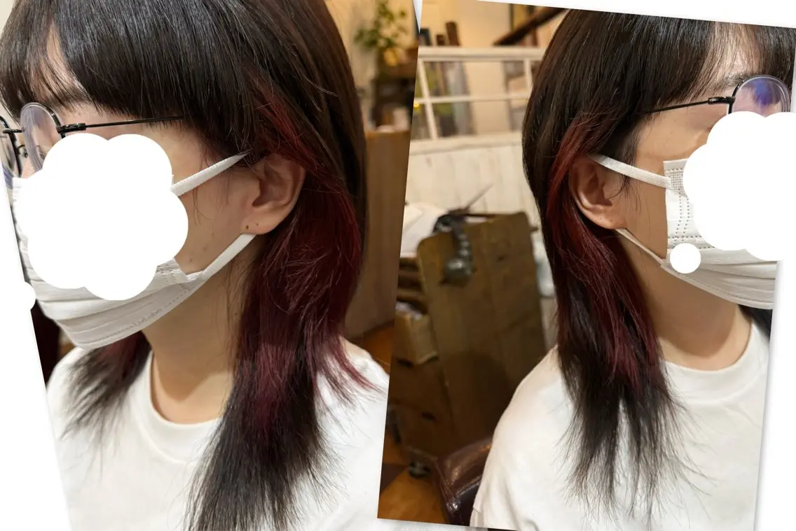 セミロング カラー イヤリングカラー レッドカラー ヘアカラー ヘアセット 七澤 那月のヘアスタイル