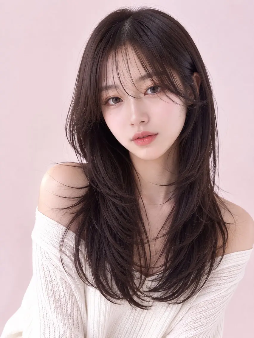 ロング くびれヘア ハッシュカット 韓国風ヘア レイヤーカット ロング カット ヘアカラー 新宿/韓国レイヤー/ 顔まわり透明感カラーのヘアスタイル