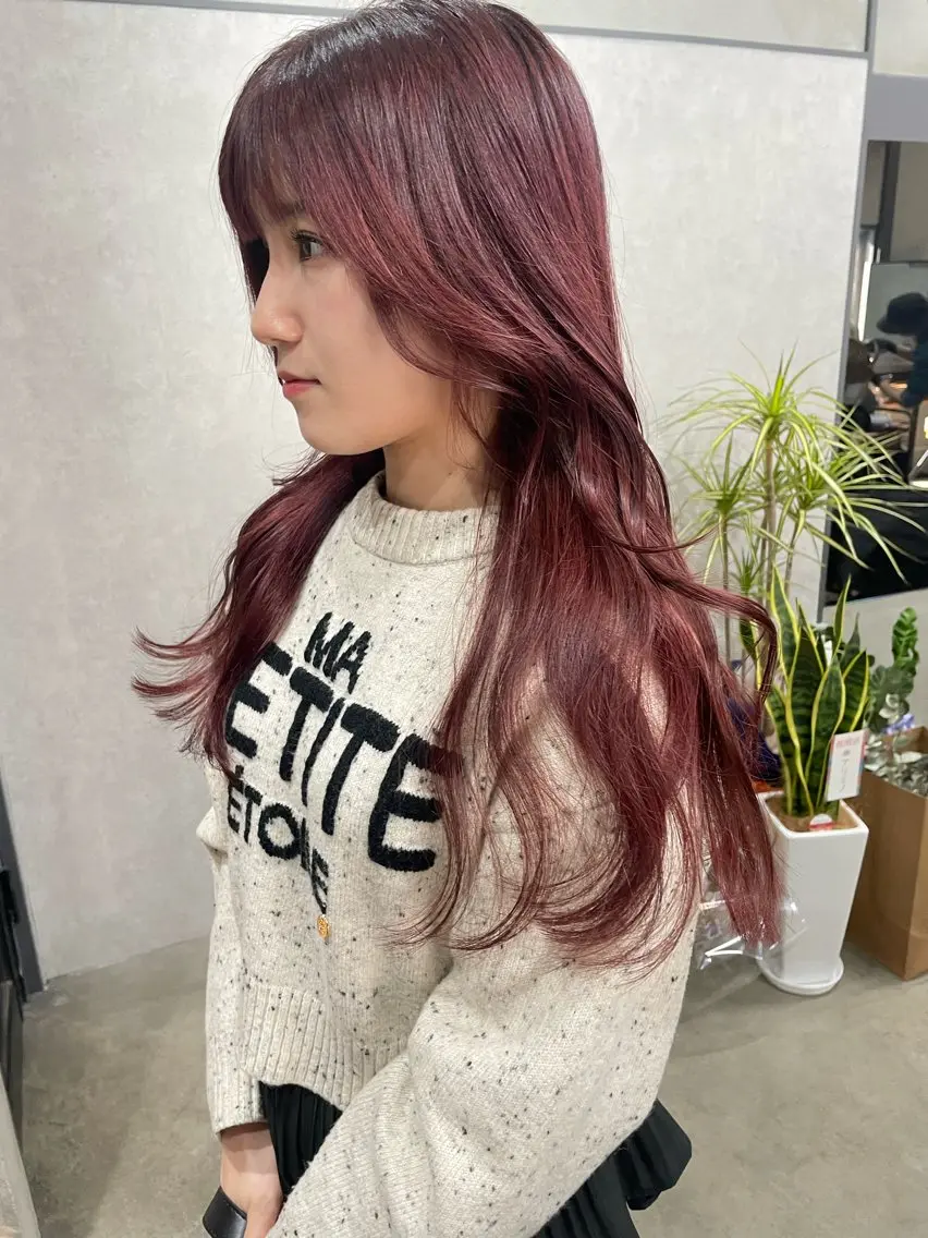 ロング カラー カシス レッドカラー AIRI layer cut hairのヘアスタイル