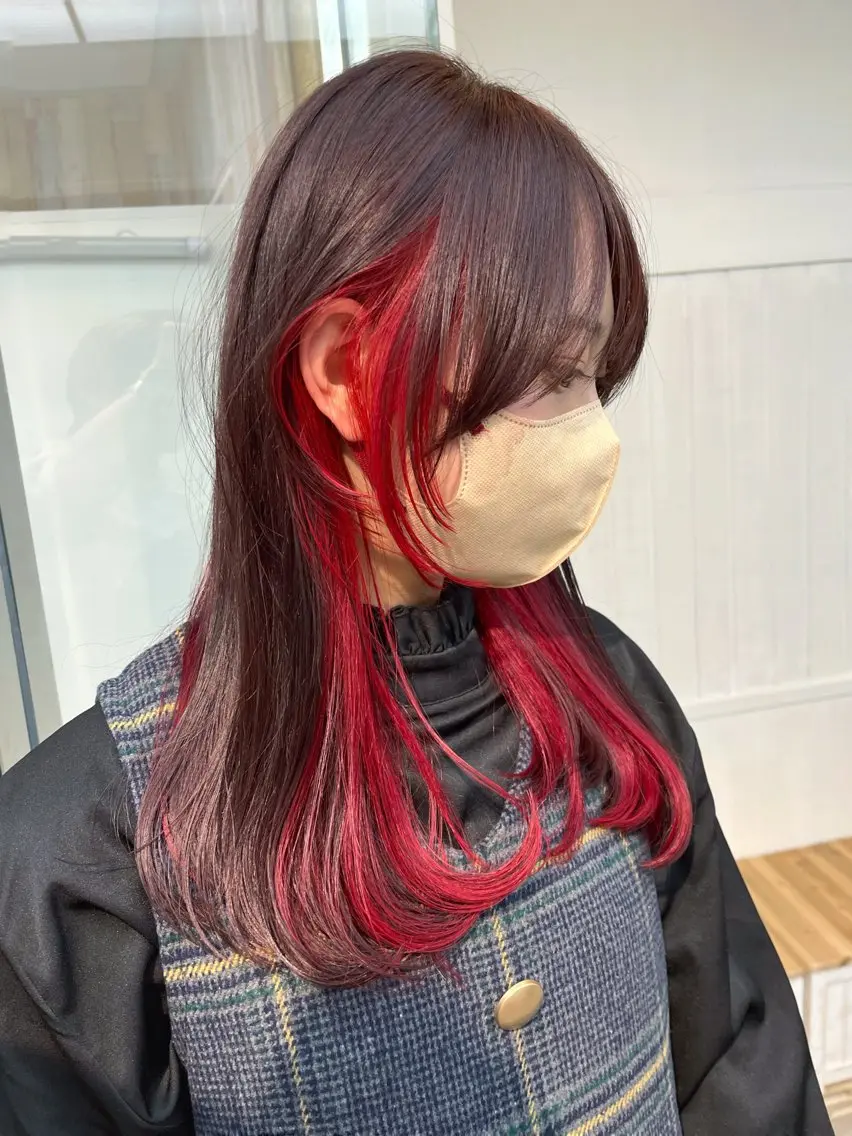 セミロング カラー パーマ ヘアアレンジ 成人式 ブラウンカラー デザインカラー インナーカラー レッドカラー 二ヶ月綺麗なデザイン カット/星野六三四のヘアスタイル