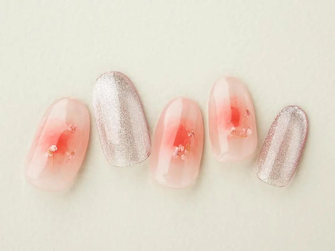 ネイル 桜ネイル 長さ出し フラッシュネイル フットネイル フレンチネイル ハンドネイル 💗🪽Tiary Nail🪽💗のネイルデザイン