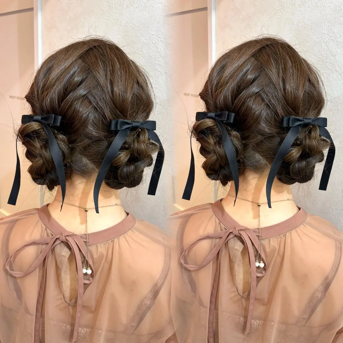ロング ヘアアレンジ お団子ヘア シールエクステ チョコレートブラウン 韓国風カラー ピンクブラウン ヘアセット Rio🎀ブリーチ なし透明感♡顔周り♡のヘアスタイル