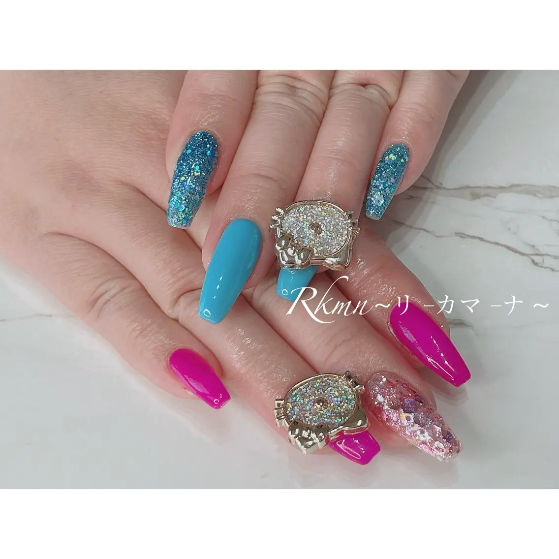 ネイル アートネイル ブルー 持ち込み ピンク 春ネイル ハンドネイル フットネイル ハンドケア Rkmn ~リ-カマ-ナ~のネイルデザイン