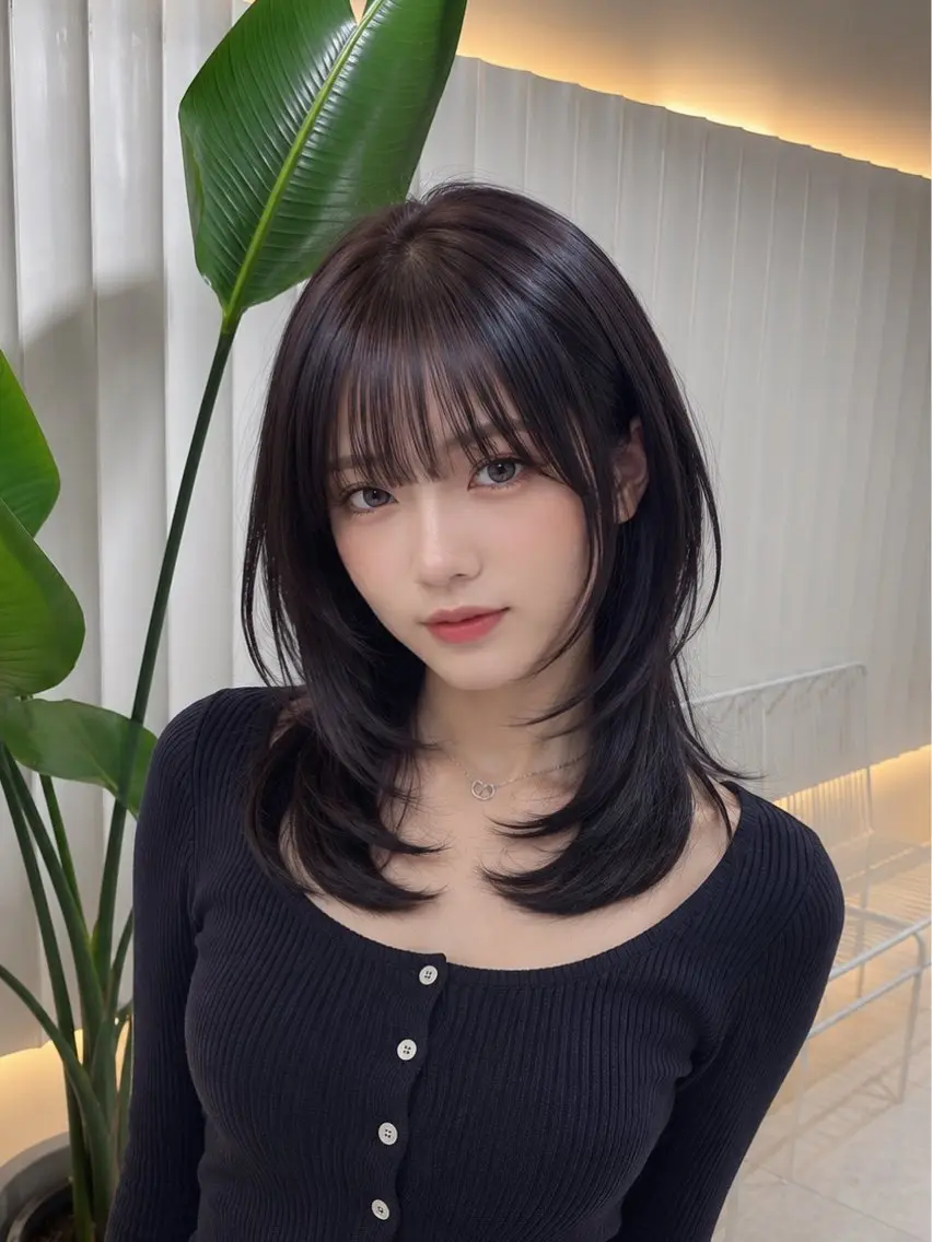 ミディアム カラー 黒髪 ラベンダーカラー ヘアカラー トリートメント ラベンダー💜グレー 🩶暗髪🖤のヘアスタイル