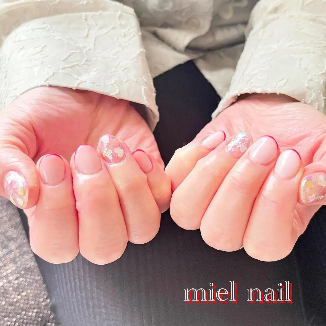 ネイル クリアネイル フレンチネイル ハート オレンジ 春ネイル ハンドネイル miel nailのネイルデザイン