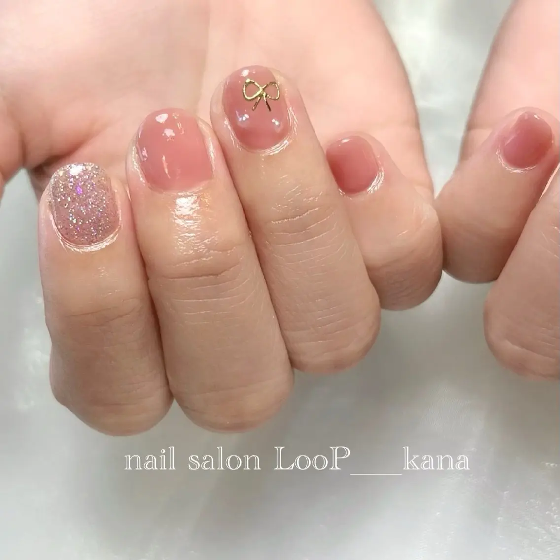 ネイル フラッシュネイル ピンク リボン ハンドネイル ネイルモデル募集中 LooP-kanaのネイルデザイン