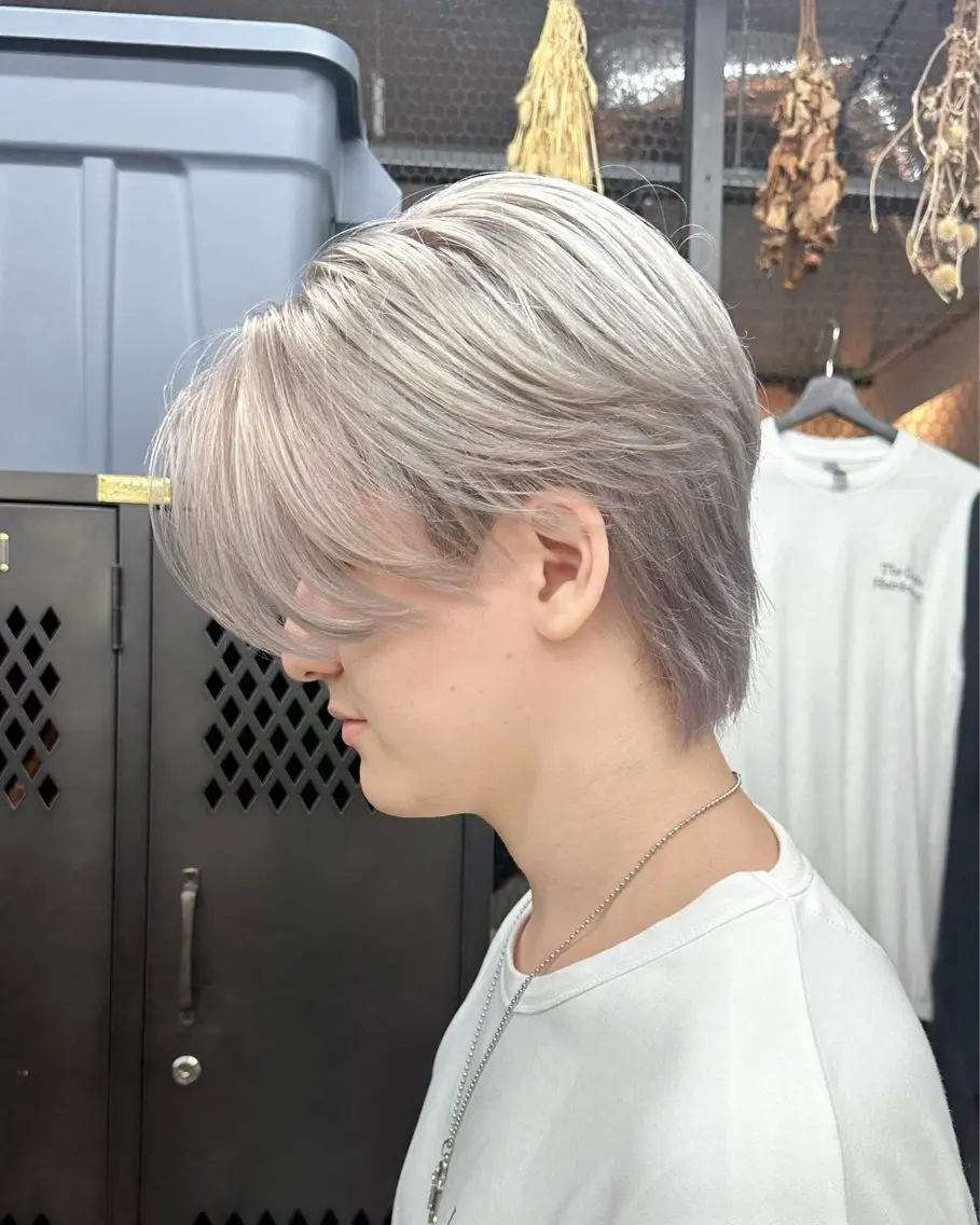 ミディアム カラー ヘアアレンジ メンズ センターパート メンズウルフカット シルバー ウルフカット カット ヘアカラー トリートメント メンズ特化 🦋KANOKO🦋のヘアスタイル