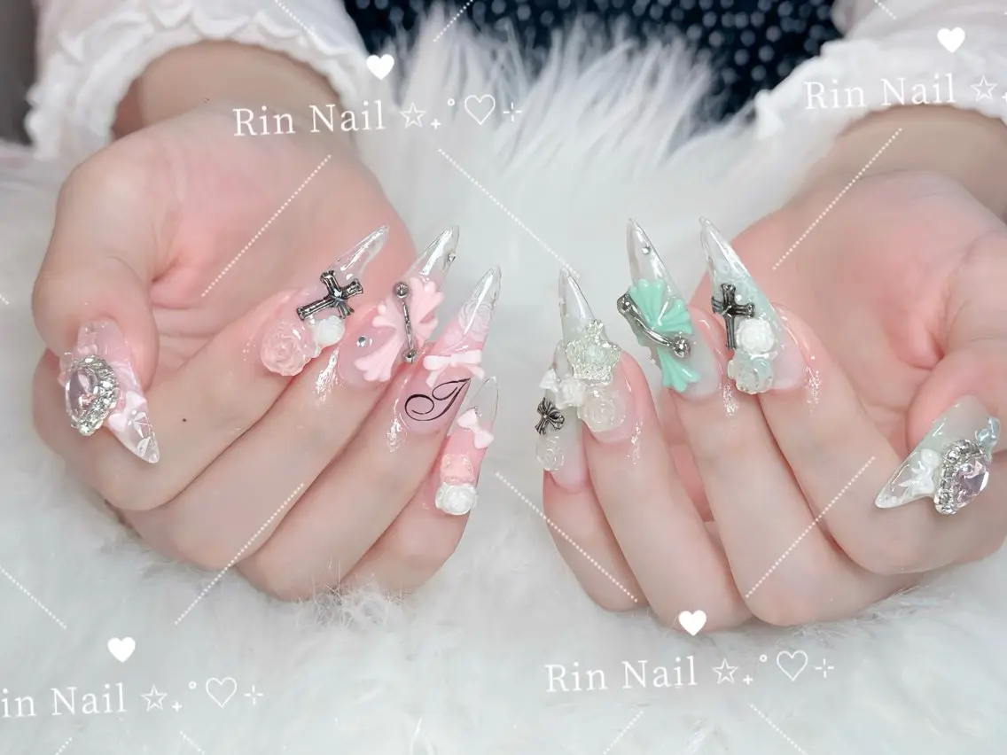ネイル べっ甲ネイル ブルー 長さ出し フレンチネイル ジェルネイル ハンドネイル Rin Nail 新大久保店のネイルデザイン