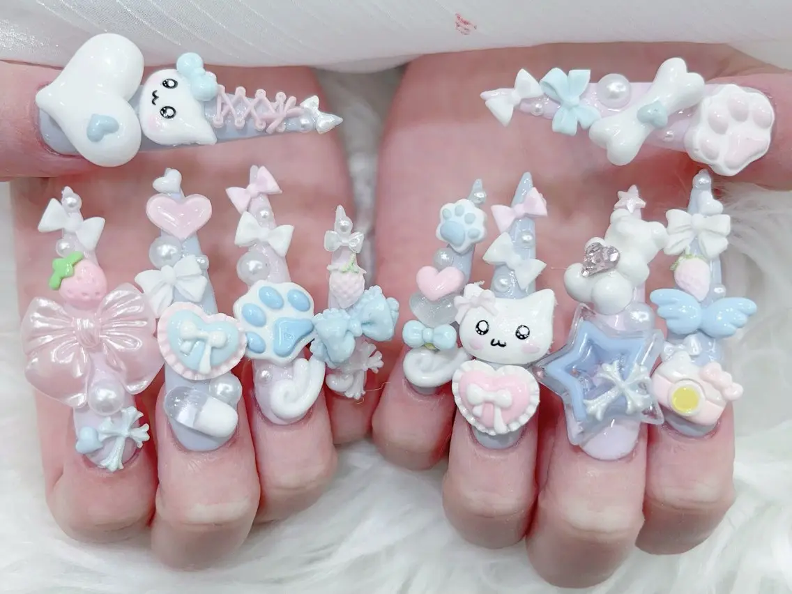 ネイル 成人式 大理石ネイル(マーブル) リボン 夏ネイル ネイルチップ ハンドネイル MoMoA Nail ネイル長さ出し専門店のネイルデザイン