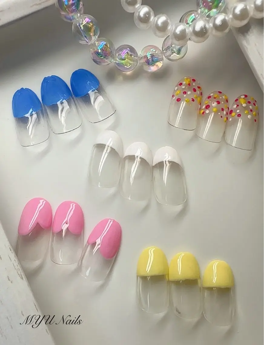 ネイル ドット フレンチネイル ジェルネイル ハート 持ち込み ハンドネイル ニュアンスネイル🌈 MYU Nailsのネイルデザイン