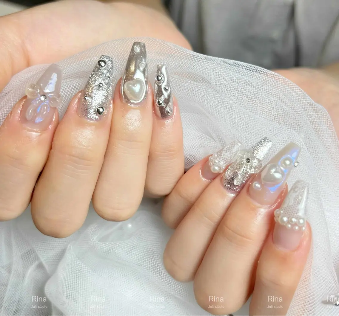 ネイル フレンチネイル ジェルネイル キラキラネイル 韓国ネイル レース Julli NailStudioのネイルデザイン