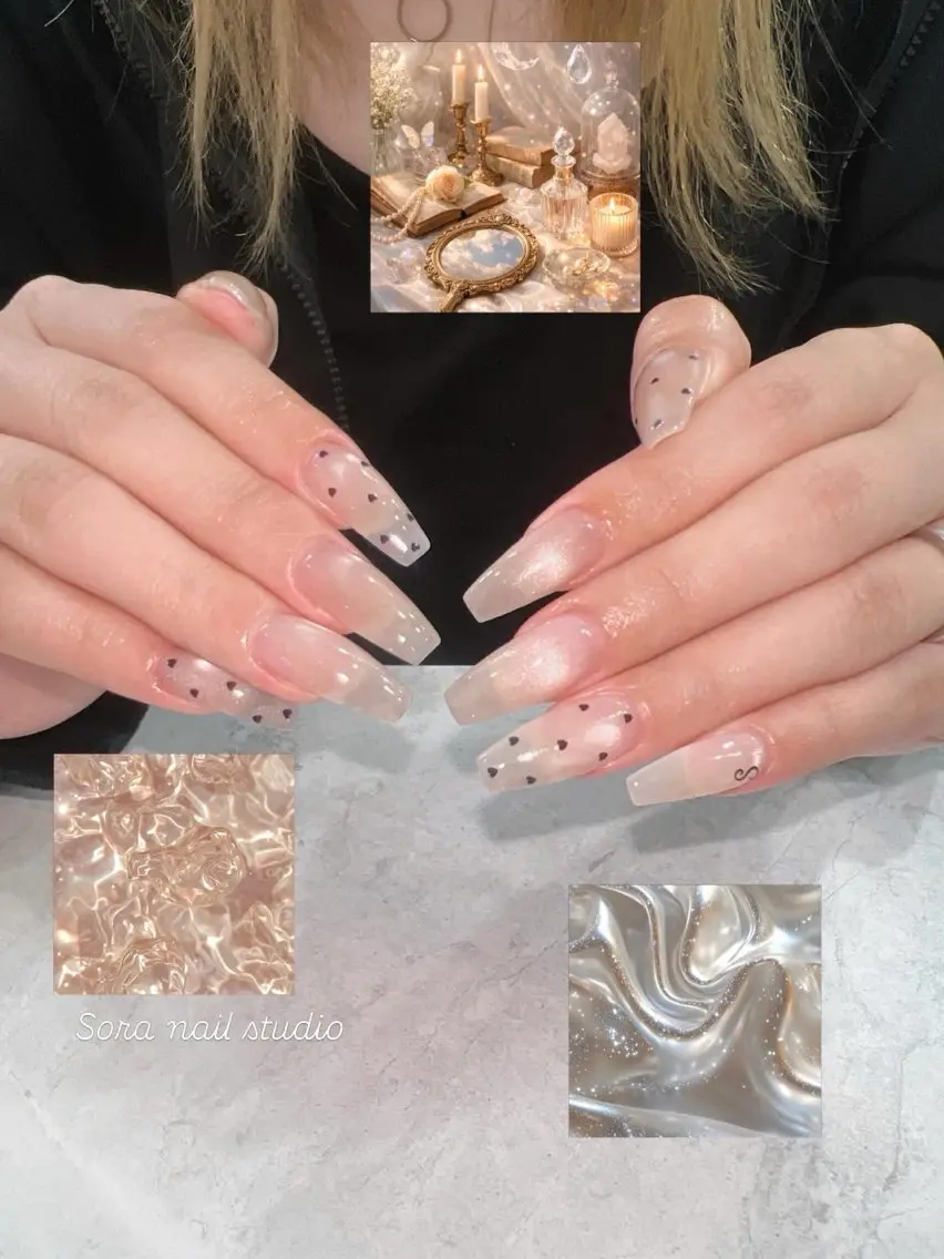 ネイル ガーリー ハート 韓国ネイル ニュアンスネイル リボン Sora nail 長さ出し専門店のネイルデザイン