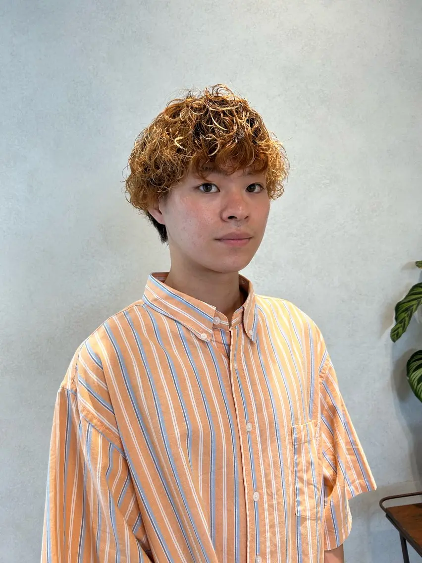 ショート カラー パーマ メンズ メンズブリーチ メンズハイライト メンズメッシュ メンズパーマ プードルパーマ 艶透明感カラー/ ルーズパーマ/田中のヘアスタイル
